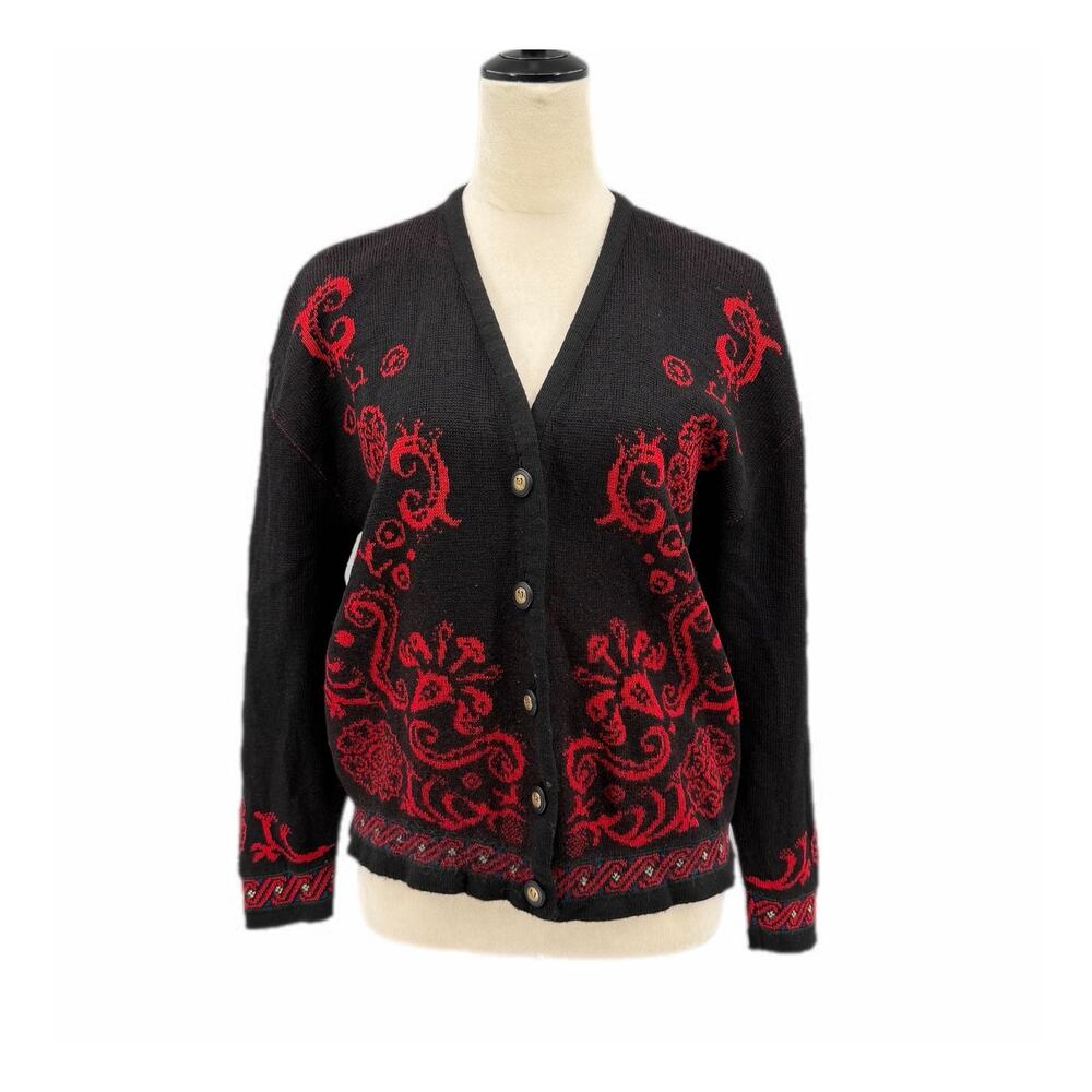 Vintage 90s Pendleton 100% Wool Black & Red Pattern Button Up Knit Soft Cardigan